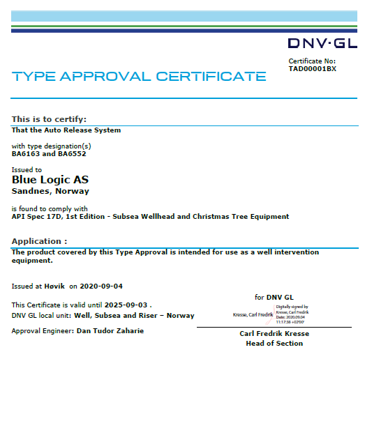 DNV Type Approval Certificate - Blue Logic